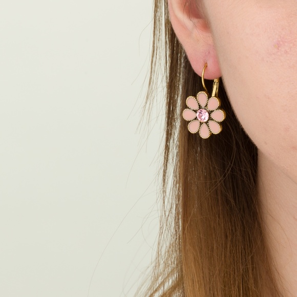 PINK & GOLD FLOWER EARRINGS W/ STONES - Picture 3 of 4